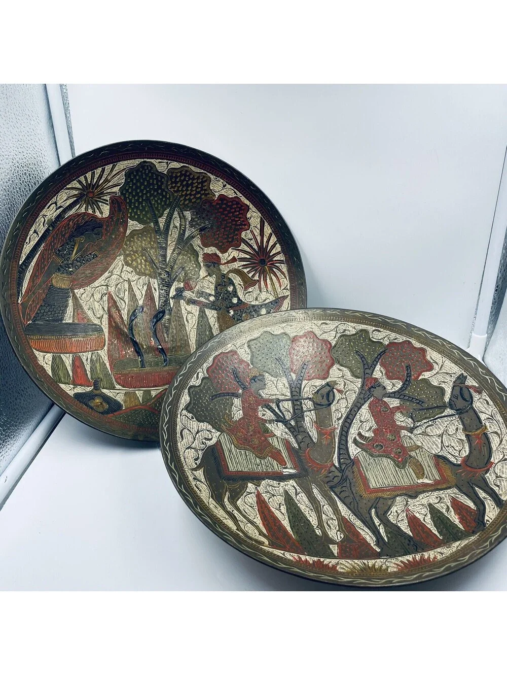 Vtg 11” Indian Hand Painted Brass Wall Charger Plates Camel Snake Boho Decor 2pc